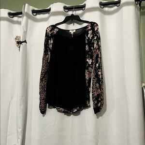 Umgee Black Top with Floral Sleeves